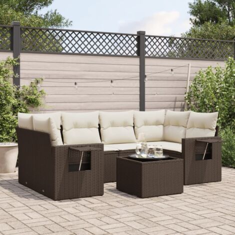 Ensemble Salon Jardin 7 Places Résine Tressée Marron avec Coussins Crème et Table (1/3)