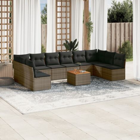 Salon de jardin 11 pièces canapés modulables résine tressée gris avec coussins et table acacia 2 canapés d'angle + 8 centraux (1/3)
