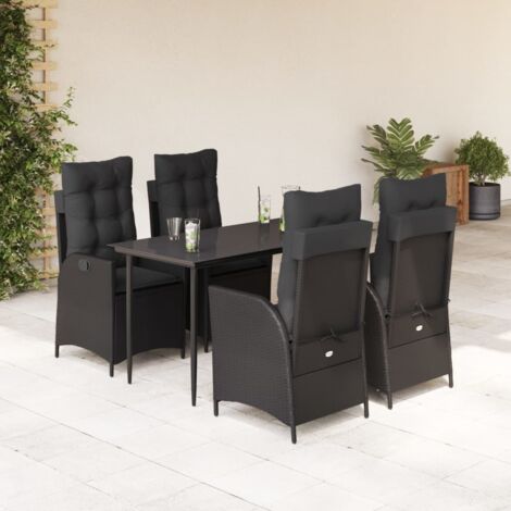 Ensemble de Table Jardin 5pcs Noir avec Chaise Inclinable en Résine Tressée, Housse Lavable, Coussins Dossier (1/5)