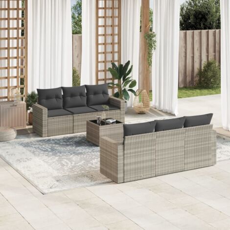 Salon de Jardin 7 Pièces Gris Clair en Résine Tressée avec Coussins, Table Verre Trempé, Modulaire, 65.5x62x69 cm (1/3)