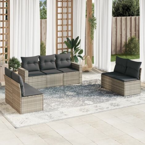 Ensemble Salon de Jardin Modulaire 7 Places en Résine Tressée Gris Clair avec Coussins Gris Foncé (65.5x62x69 cm, Sièges d'Angle et Centraux) (1/3)