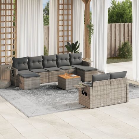 Ensemble Salon Jardin Modulaire Gris 10 Pièces Résine Tressée Table Acacia Coussins Lavables (1/5)
