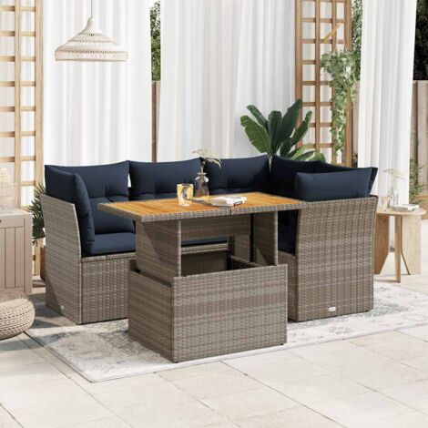 Ensemble de jardin en résine tressée gris, 5 pièces avec table extensible, coussins bleu marine lavables et rangement intégré (1/5)