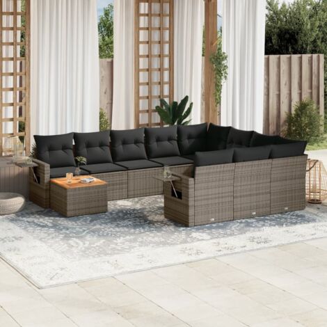 Ensemble canapé de jardin 11 pièces résine tressée gris avec coussins, tables d'appoint et rangement - Salon modulaire extérieur (1/3)