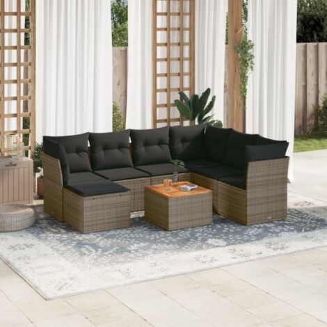 Salon de jardin modulaire 8 pièces en résine tressée grise avec coussins, repose-pieds et table en acacia - Ensemble complet pour terrasse (1/5)