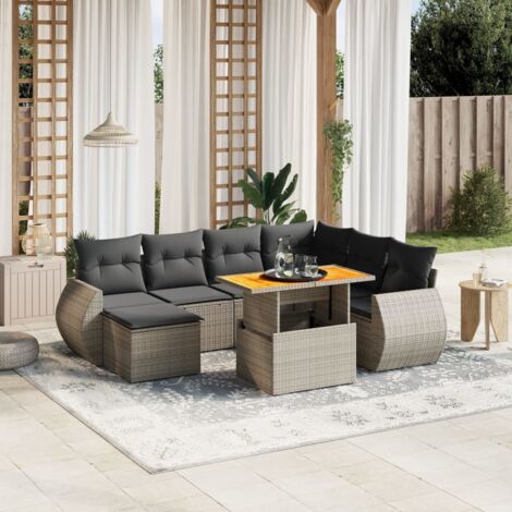 Ensemble de jardin 8 places en résine tressée grise avec table extensible et coussins lavables (1/3)