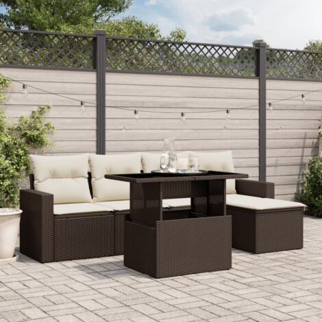 Ensemble de salon de jardin marron 6 pièces en résine tressée avec coussins lavables et table réglable (1/5)