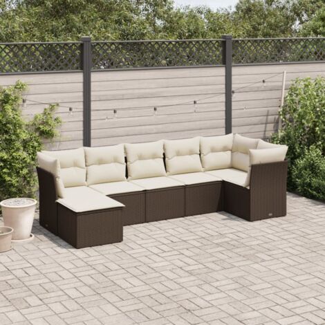 Ensemble de salon de jardin 7 places en résine tressée marron avec coussins lavables et rangement intégré (1/3)