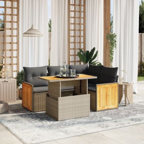 Ensemble Salon de Jardin 5 Places Gris avec Coussins Résine Tressée Polyrotin Table Réglable Hauteur Confortable et Modulaire (1/3)