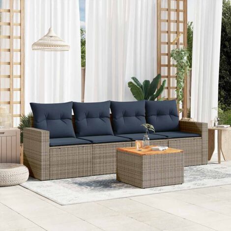 Ensemble de salon de jardin 5 pièces en résine tressée grise avec coussins bleu marine, table acacia et rangements, modulable (1/5)