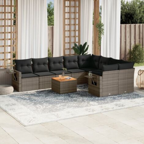 Canapé de Jardin Modulaire 10 Pièces avec Coussins - Résine Tressée Gris et Acacia - Sièges de Rangement, Tables d'Appoint et Design Modulable (1/3)