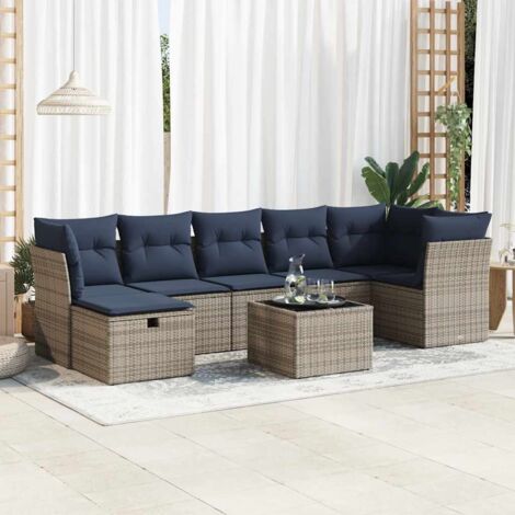 Canapé d'extérieur 8 places en résine tressée grise avec table, repose-pieds et coussins bleu marine (1/5)