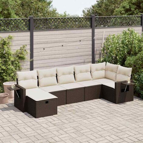 Ensemble de salon de jardin 7 places en résine tressée marron avec coussins crème et rangement intégré (1/5)