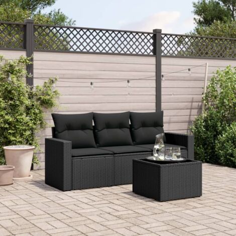 Ensemble Salon Jardin 4 Pièces Résine Tressée Noir avec Coussins et Table Verre Trempé - Modulable Stockage Imperméable (1/3)