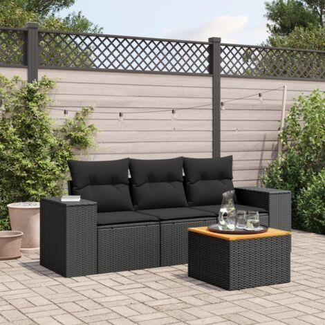 Ensemble Salon de Jardin 4 Places en Résine Tressée Noire avec Table Acacia et Coussins Détachables - Stockage Intégré (1/3)