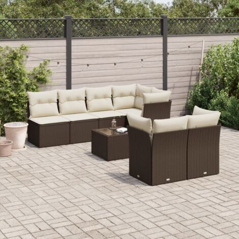 Salon de jardin modulaire 8 places en résine tressée marron avec coussins, table en verre trempé - Set complet (1/3)