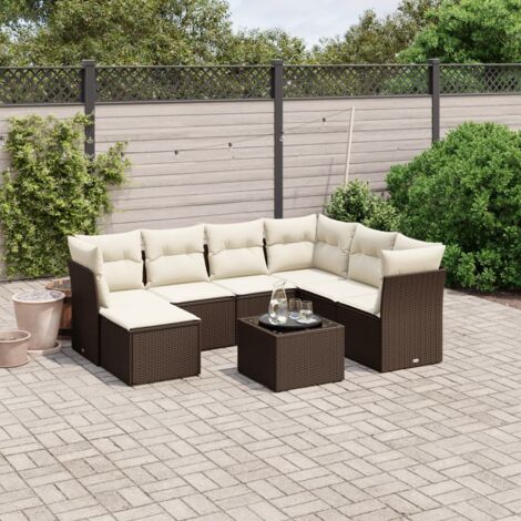 Salon de jardin 8 places en résine tressée marron avec canapés modulaires, table verre, repose-pied et coussins lavables crème (1/4)