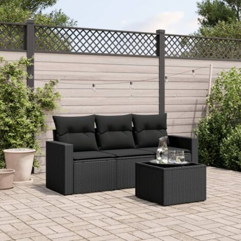 Ensemble de jardin 4 places en résine tressée noir avec coussins et table en verre (1/3)