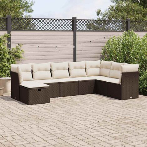 Ensemble salon de jardin modulaire 8 places en résine tressée marron avec rangement, coussins crème amovibles (1/4)