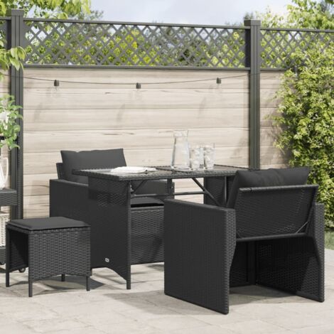 Ensemble de salon de jardin 4 pièces en résine tressée noire avec coussins lavables - Canapé 2 places et tabourets - Solide et résistant aux UV (1/4)