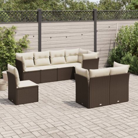 Canapé Jardin Modulable 8 Pièces en Résine Tressée Marron avec Coussins Crème, Stockage Intégré (1/3)
