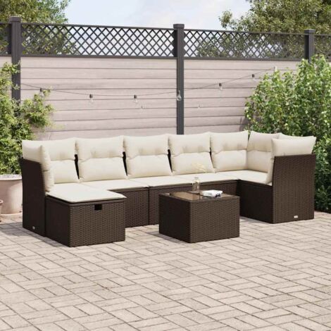 Canapé de Jardin 8 Pièces en Résine Tressée Marron avec Coussins, Tabouret et Table (1/4)