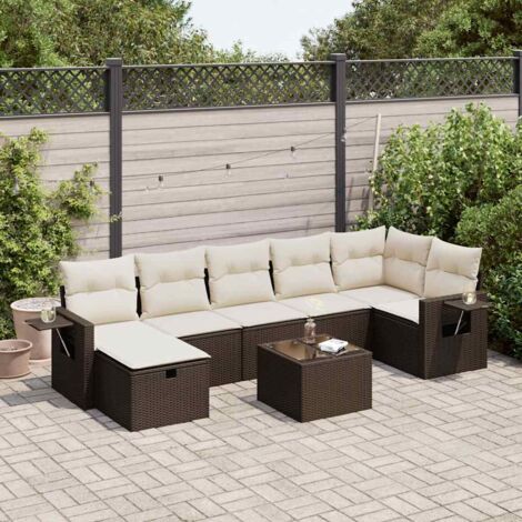 Ensemble de jardin 8 places en résine tressée marron avec table, coussins blanc crème et rangement étanche (1/4)