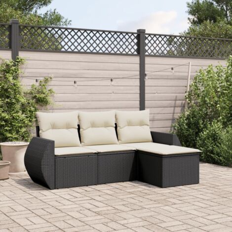 Ensemble salon de jardin 4 places en résine tressée noir avec coussins crème - Canapé modulaire, patio, terrasse (1/4)