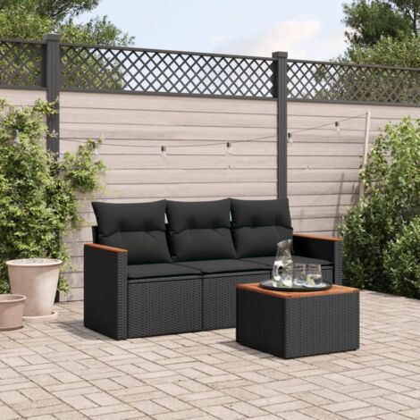 Salon de jardin 4 places en résine tressée noir, avec table et coussins, modulaire et rangement intégré (1/3)