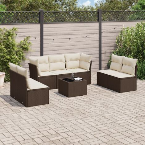 Salon de Jardin 8 Pièces en Résine Tressée Marron avec Table en Verre, Coussins Lavables et Espace de Rangement (1/3)