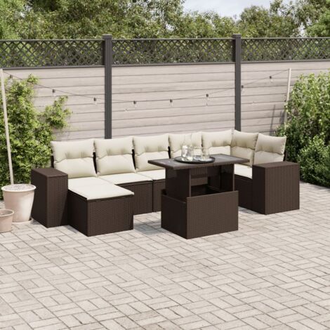 Ensemble Salon Jardin 8 Pièces en Résine Tressée Marron avec Table Raccordable, Coussins Démontables et Repose-Pieds (1/4)