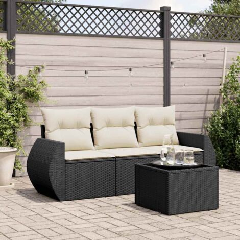 Salon de jardin 4 places noir en résine tressée, avec table en verre trempé, coussins et rangement intégré (1/3)