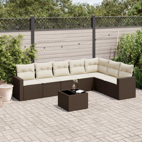 Salon de Jardin en Résine Tressée Marron 8 Pièces, Canapés + Table avec Coussins Crème et Dessus Verre Trempé, Modulable (1/3)