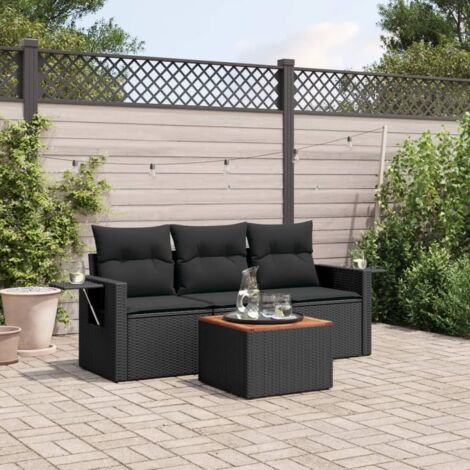 Salon de Jardin 4 Places en Résine Tressée Noire avec Canapés, Table et Coussins Déhoussables, 1 Siège Central + 2 Accoudoirs, Dimensions 55x62x69 cm (1/4)