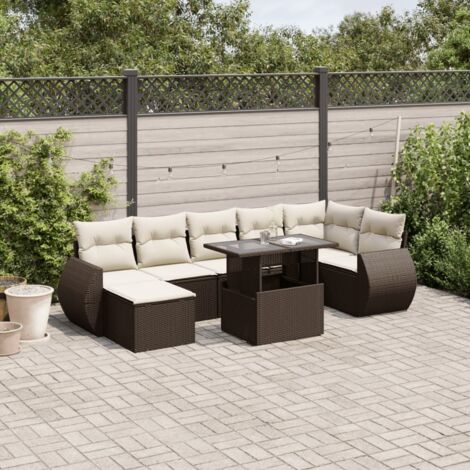 [Salon de Jardin] Canapés + Table Marron Résine Tressée 8 Pièces avec Coussins (1/4)