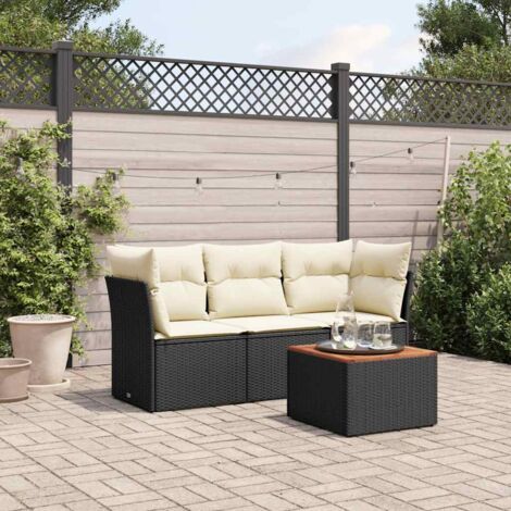 Ensemble de salon de jardin 4 places noir en résine tressée avec canapés modulaires, coussins blanc crème et table en acacia - Aménagement extérieur durable et rangement (1/4)