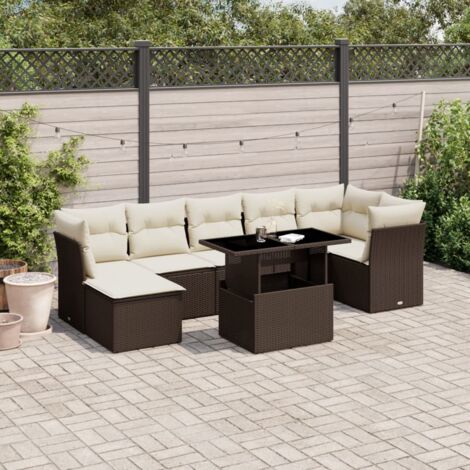 8-Pièces Salon de Jardin en Résine Tressée Marron avec Coussins Blancs, Table Réglable Hauteur et Sièges Confortables (1/4)