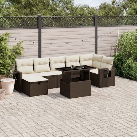 Salon de Jardin 8 Pièces Résine Tressée Marron avec Table Réglable et Coussins Crème (1/4)