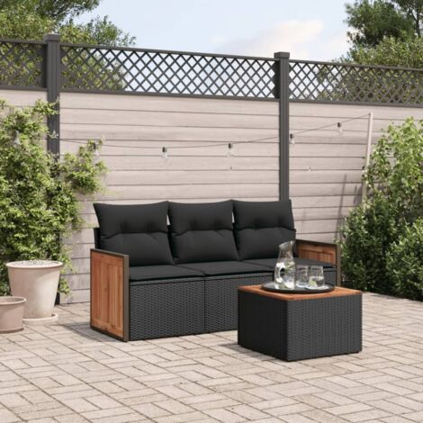 Ensemble de salon de jardin en résine tressée noir, 4 pièces (table et 3 fauteuils) avec coussins amovibles, dessus en acacia et rangement intégré (1/3)