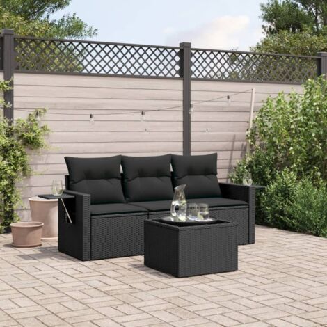 Ensemble Salon Jardin 4 Places Noir Résine Tressée Canapé avec Table et Coussins Déhoussables et Range (1/3)