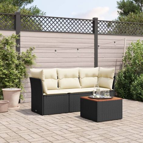 Ensemble Salon Jardin 4 Places Noir Résine Tressée avec Coussins Crème et Table en Acacia (1/3)