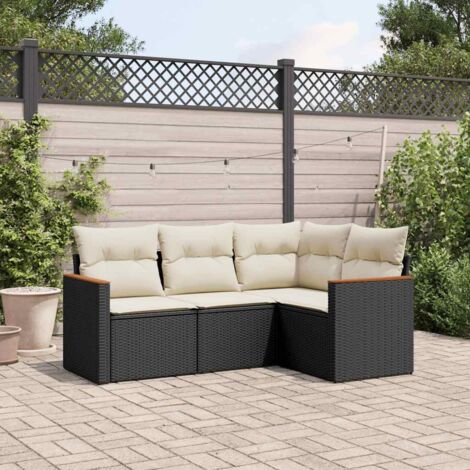 Ensemble Salon Jardin 4 Places Noir Résine Tressée avec Coussins Crème et Fonction Rangement (1/3)