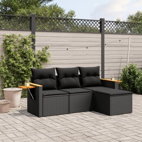 Set de salon de jardin en résine tressée noir 4 places avec coussins, table d'appoint et rangement - Configuration modulaire pour terrasse et jardin (1/3)