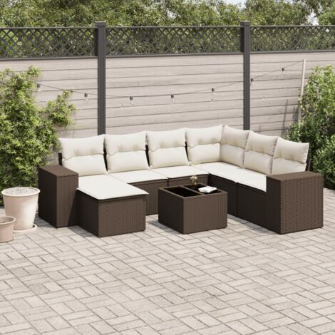 Ensemble salon de jardin 8 places en résine tressée marron avec coussins blanc crème (1/3)