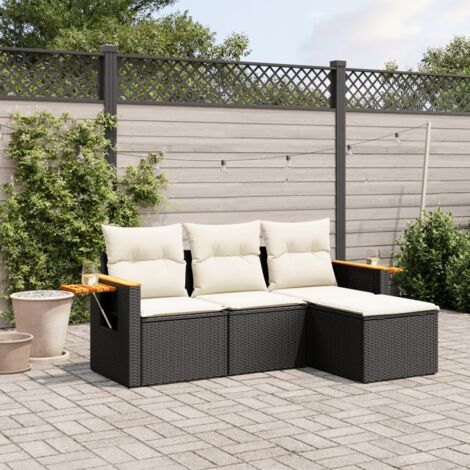 Ensemble de salon de jardin 4 places en résine tressée noire avec coussins crème, tablettes latérales et rangement (1/3)