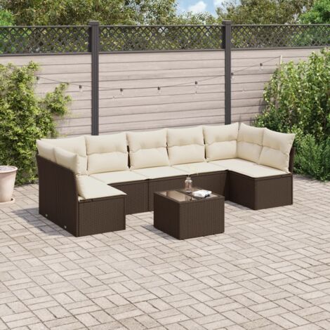 Ensemble Salon Jardin Modulaire 8 Pièces Résine Tressée Marron avec Coussins Crème et Table Verre (1/3)