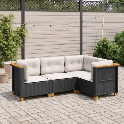 Salon de jardin 4 places noir en résine tressée (Set de 4 pièces avec coussins blanc crème amovibles - Sièges d'angle et central - Bois d'acacia) (1/4)