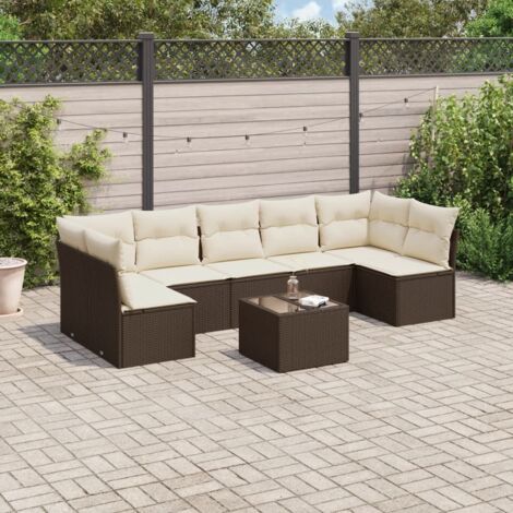 [Ensemble Salon Jardin] 8 Pièces Résine Tressée Marron avec Coussins Blanc Crème et Table Verre Trempé (1/3)