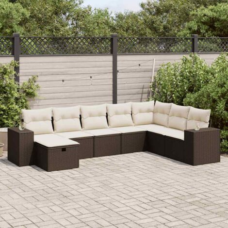 Ensemble de Salon Jardin 8 Pièces Modulable en Résine Tressée Marron avec Coussins Blanc Crème et Fonction Rangement, Dimensions Canapé 93x62x69cm (1/4)