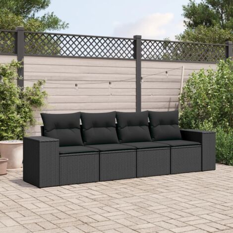 Ensemble de jardin 4 places en résine tressée noir avec coussins déhoussables (1/4)